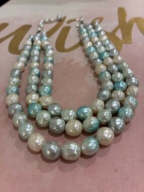 Vintage Japan Signed Multi-Strand Pearl Necklace - Blue, Silver & Cream